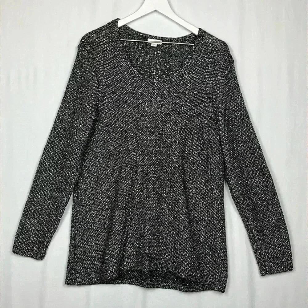 J.Jill Womens Sweater/Tunic Silver/Black L Metallic Pullover Long Sparkly Glam